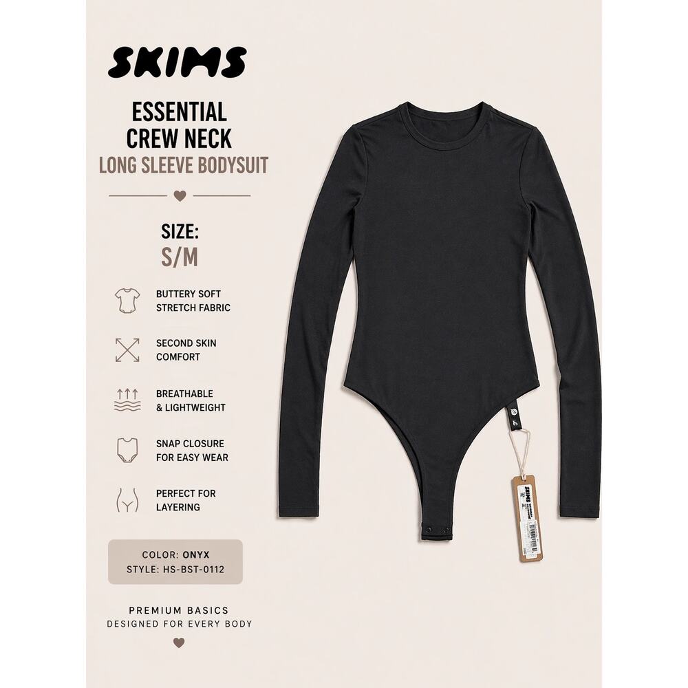 NWT SZ S/M Skims Essential Crew Neck Bodysuit Black Long Sleeve Stretch Snap